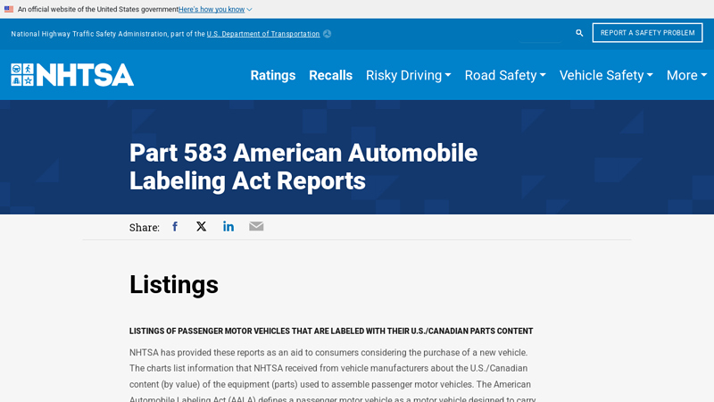 Part 583 American Automobile Labeling Act Reports maximum auto parts