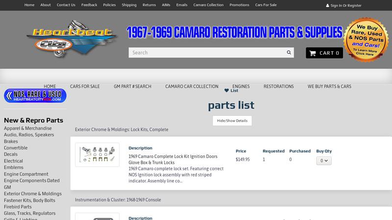 parts list 1969 camaro car parts