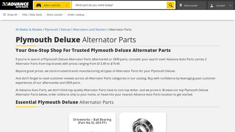 Plymouth Deluxe Alternator Parts advance auto parts gainesville ga