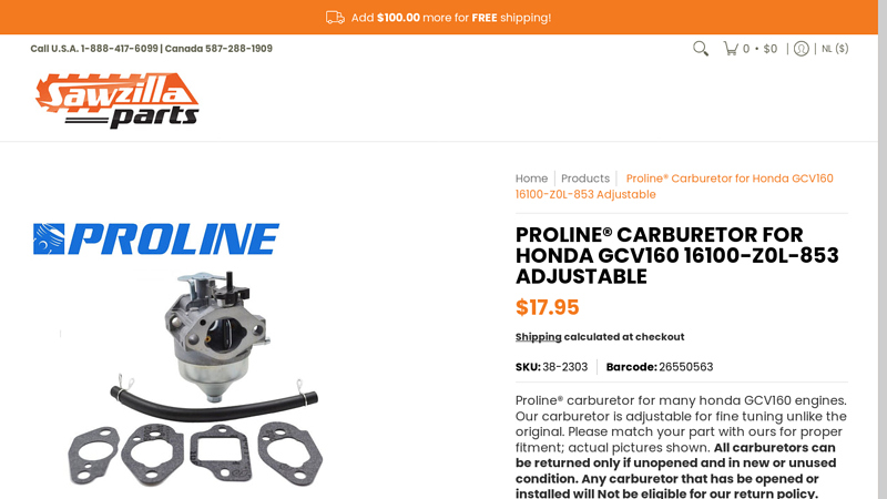 Proline® Carburetor for Honda GCV160 16100 honda gcv160 parts catalog