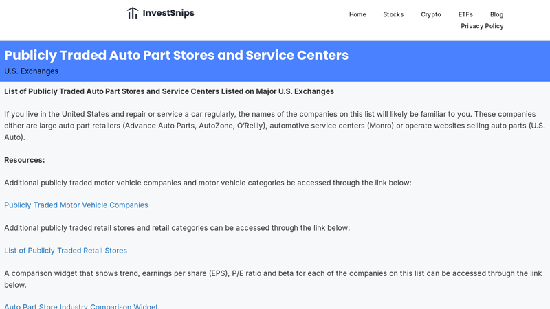 Publicly Traded Auto Part Stores and Service Centers auto parts warehouses