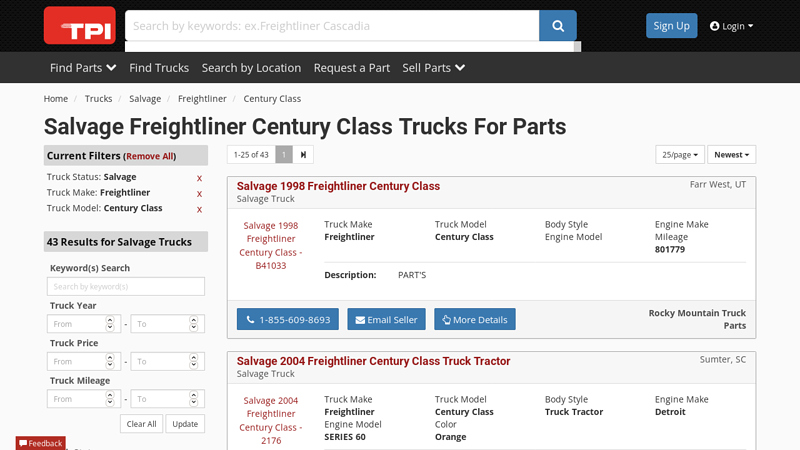 Salvage Freightliner Century Class Semi Trucks For Parts larry schmidt truck parts