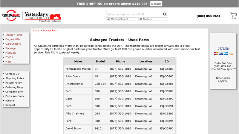 Salvaged Tractors all states tractor parts downing wi