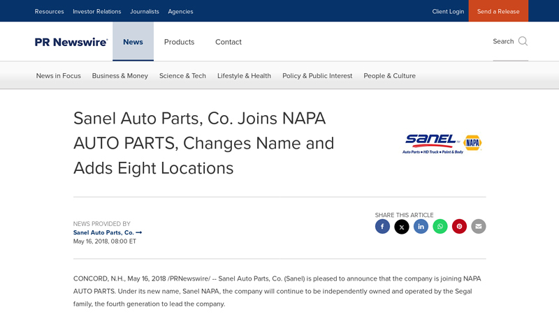 Sanel Auto Parts, Co. Joins NAPA AUTO PARTS, Changes Name ... auto parts concord nh