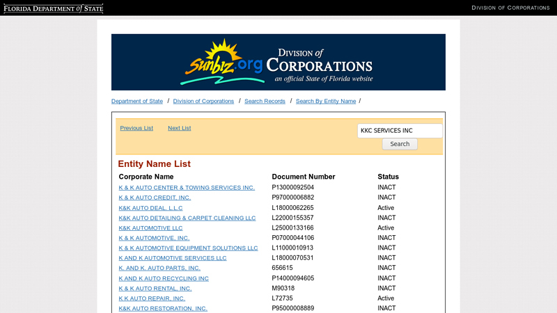 Search for Corporations, Limited Liability Companies ... k&k auto parts