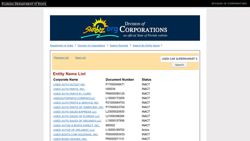 Search for Corporations, Limited Liability Companies ... auto parts outlet tampa