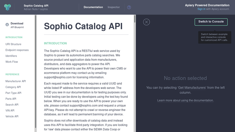 Sophio Catalog API · Apiary api auto parts