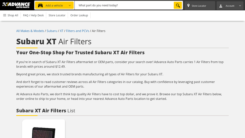 Subaru XT Air Filters advance auto parts jasper ga