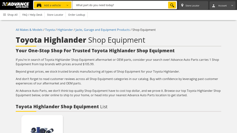 Toyota Highlander Shop Equipment toyota highlander auto parts