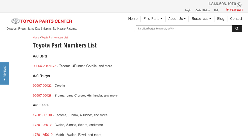 Toyota Part Numbers List toyota parts for sale