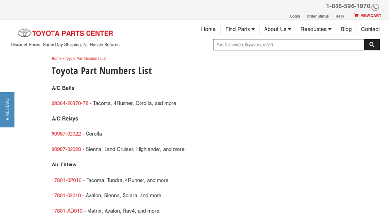 Toyota Part Numbers List toyota accessory parts