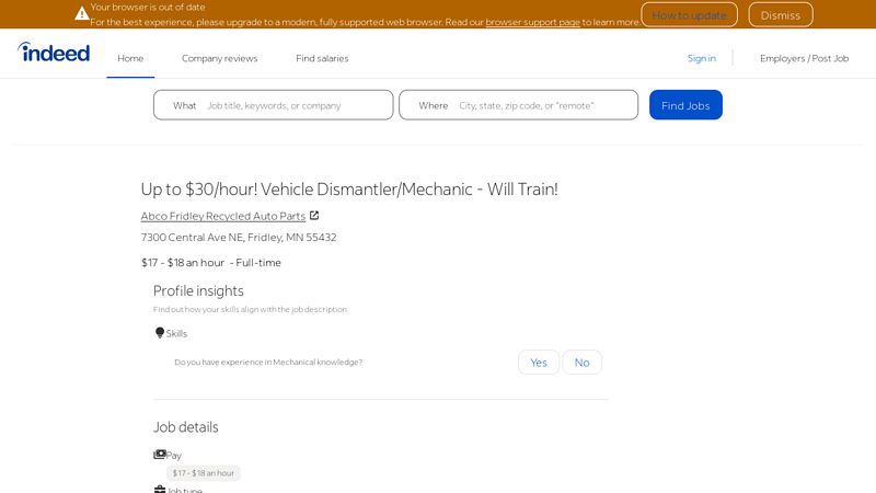 Up to $30/hour! Vehicle Dismantler/Mechanic a-abco fridley auto parts