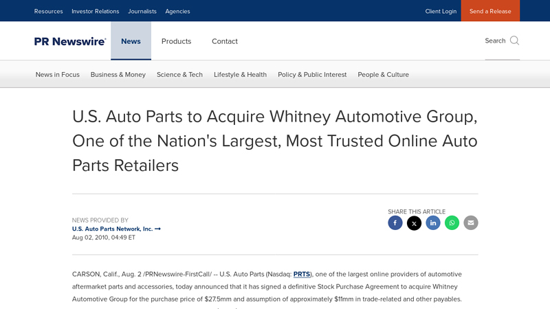 U.S. Auto Parts to Acquire Whitney Automotive Group, One of the ... jc auto parts