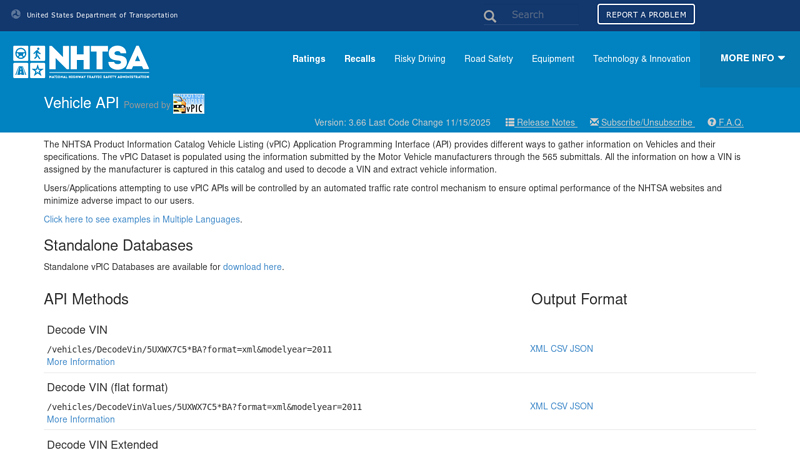 Vehicle API api auto parts